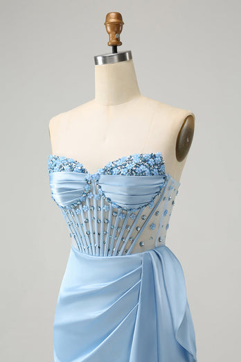 Sparkly Blue Bodycon Sweetheart Corset Graduation Dress with Beading