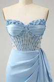 Sparkly Blue Bodycon Sweetheart Corset Graduation Dress with Beading