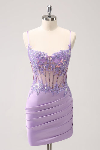 Sparkly Purple Corset Sequin Tight Short Graduation Dress