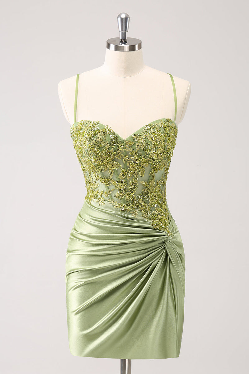 Load image into Gallery viewer, Sparkly Army Green Lace-Up Back Appliques Pleated Graduation Dress