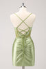 Load image into Gallery viewer, Sparkly Army Green Lace-Up Back Appliques Pleated Graduation Dress