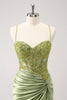 Load image into Gallery viewer, Sparkly Army Green Lace-Up Back Appliques Pleated Graduation Dress