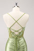 Load image into Gallery viewer, Sparkly Army Green Lace-Up Back Appliques Pleated Graduation Dress