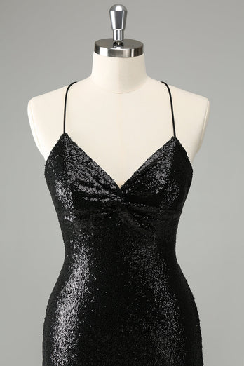 Stylish Glitter Black Sequins Tight Graduation Dress with Lace Up Back