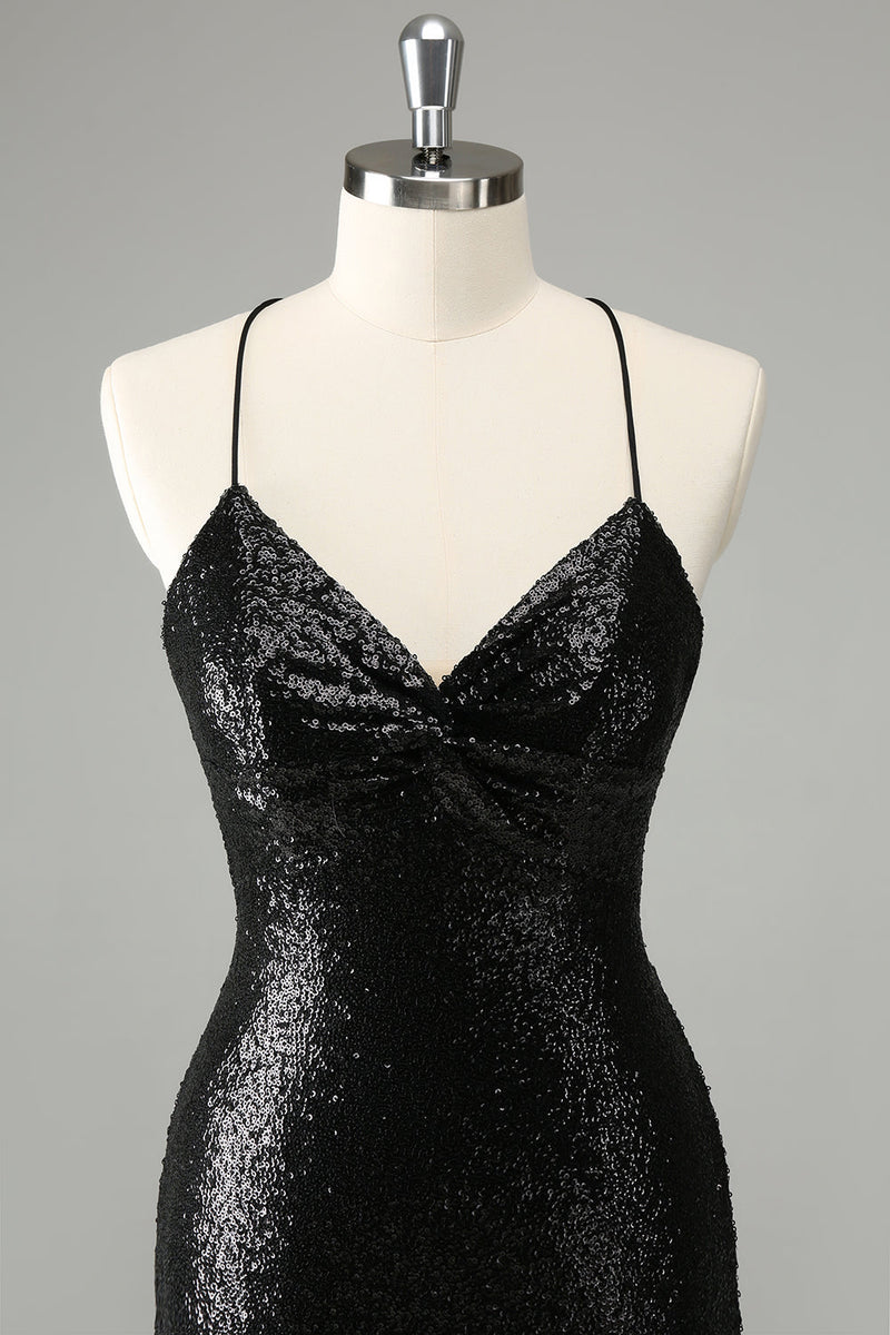 Load image into Gallery viewer, Stylish Glitter Black Sequins Tight Graduation Dress with Lace Up Back