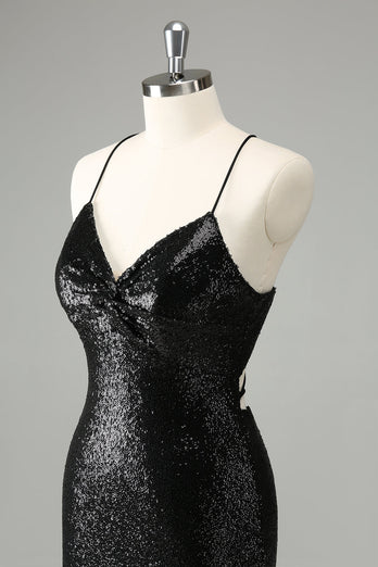 Stylish Glitter Black Sequins Tight Graduation Dress with Lace Up Back