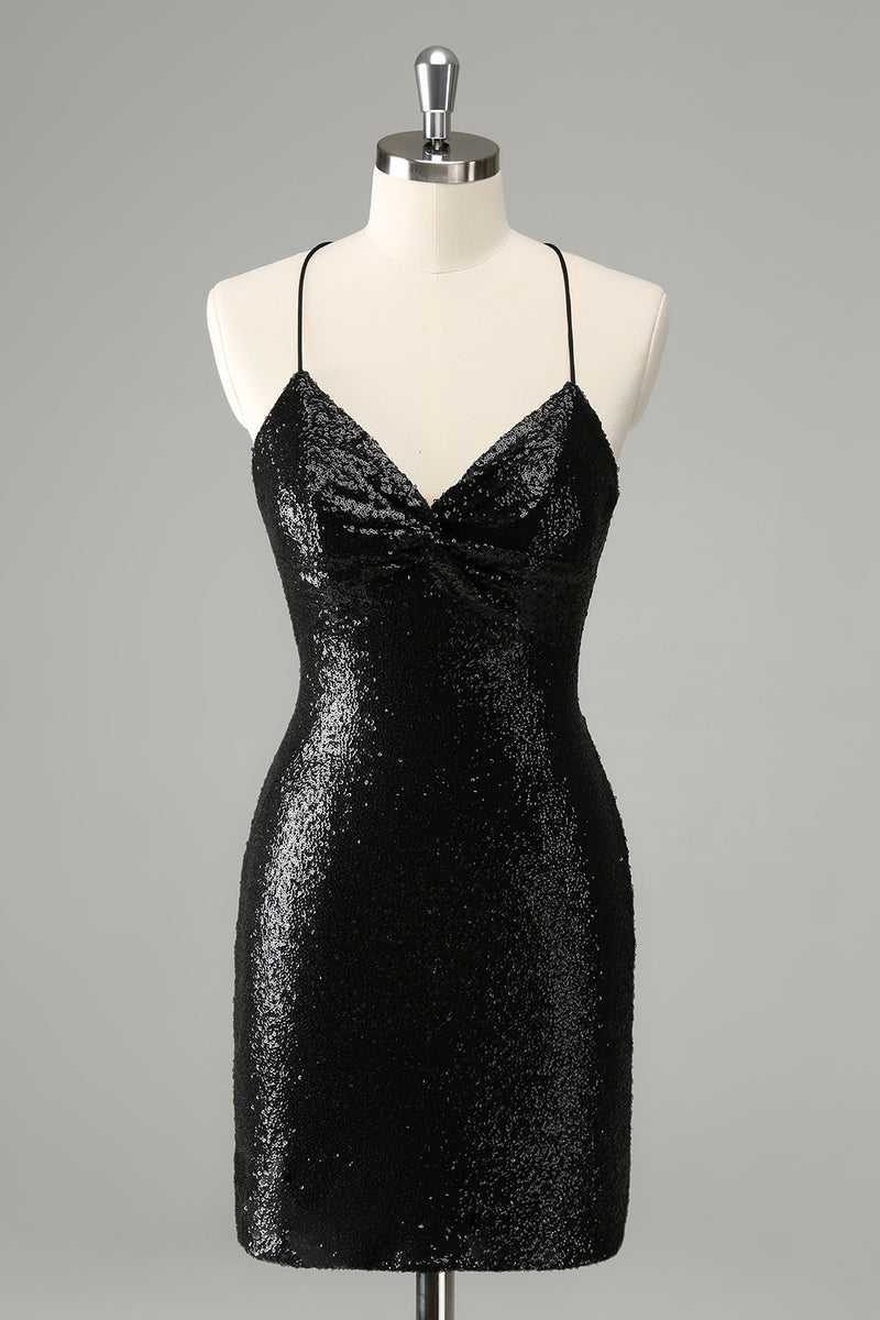 Load image into Gallery viewer, Stylish Glitter Black Sequins Tight Graduation Dress with Lace Up Back