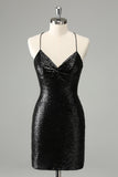 Stylish Glitter Black Sequins Tight Graduation Dress with Lace Up Back