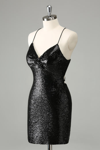 Stylish Glitter Black Sequins Tight Graduation Dress with Lace Up Back