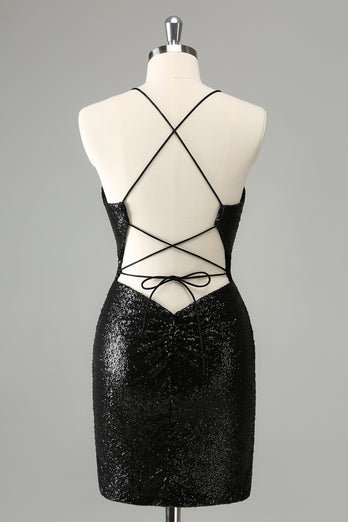 Stylish Glitter Black Sequins Tight Graduation Dress with Lace Up Back