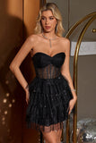 Sparkly Cute A Line Black Sweetheart Tiered Corset Graduation Dress