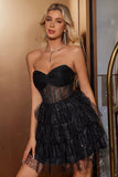 Sparkly Cute A Line Black Sweetheart Tiered Corset Graduation Dress