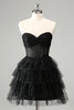 Load image into Gallery viewer, Sparkly A Line Black Sweetheart Tiered Corset Cute Graduation Dress