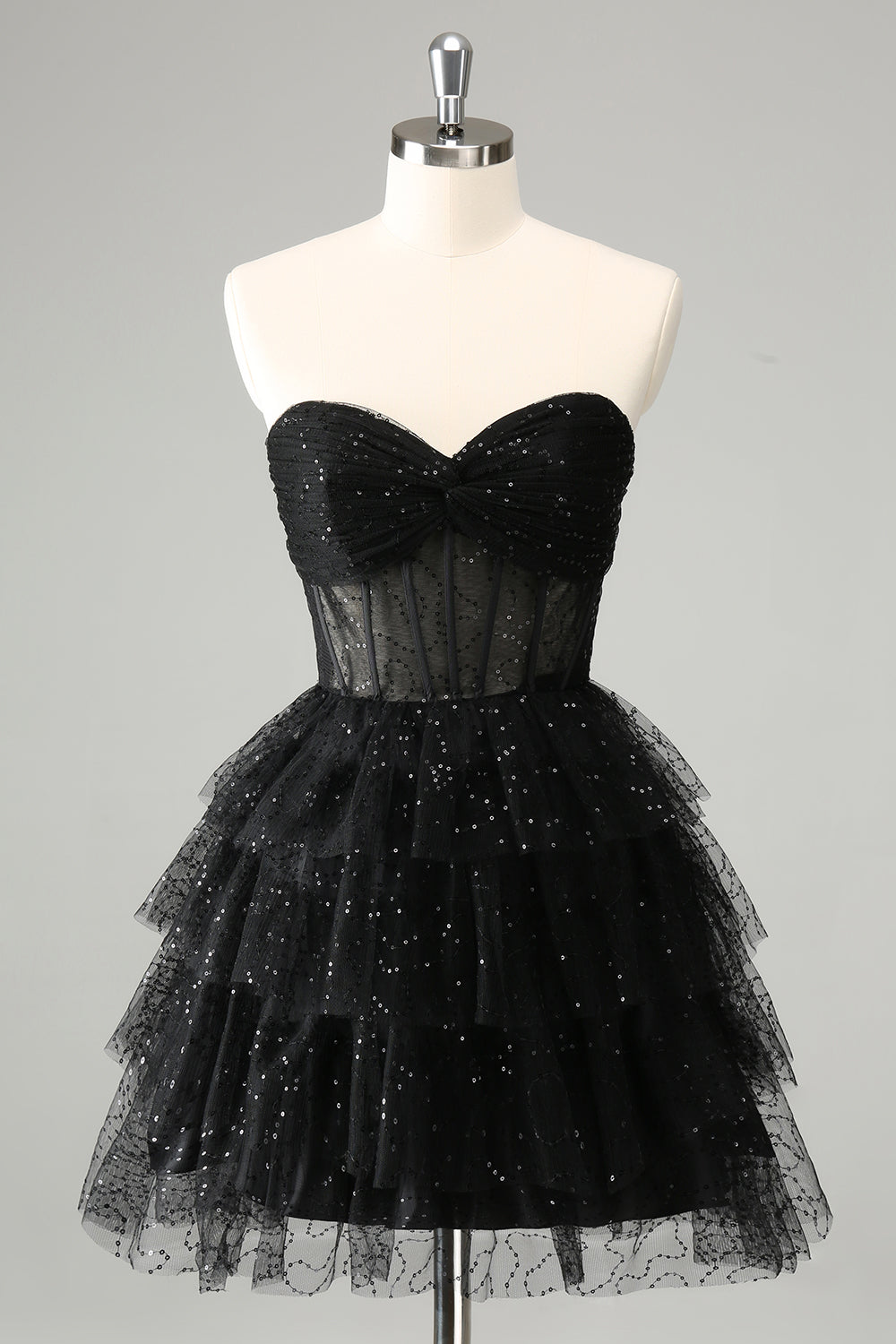 Sparkly A Line Black Sweetheart Tiered Corset Cute Graduation Dress