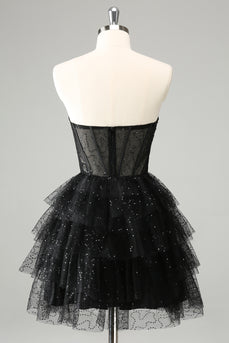 Sparkly A Line Black Sweetheart Tiered Corset Cute Graduation Dress