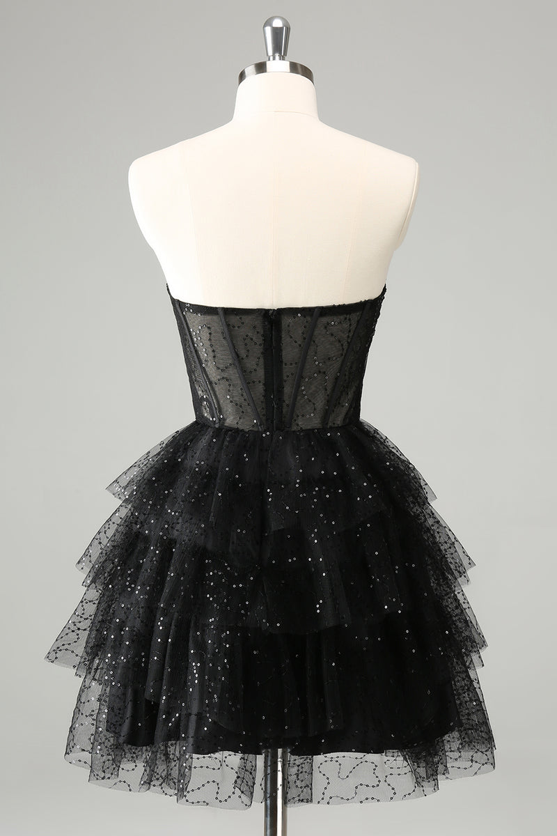 Load image into Gallery viewer, Sparkly A Line Black Sweetheart Tiered Corset Cute Graduation Dress