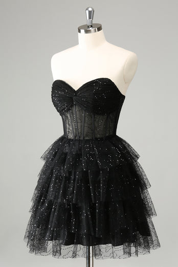 Sparkly A Line Black Sweetheart Tiered Corset Cute Graduation Dress