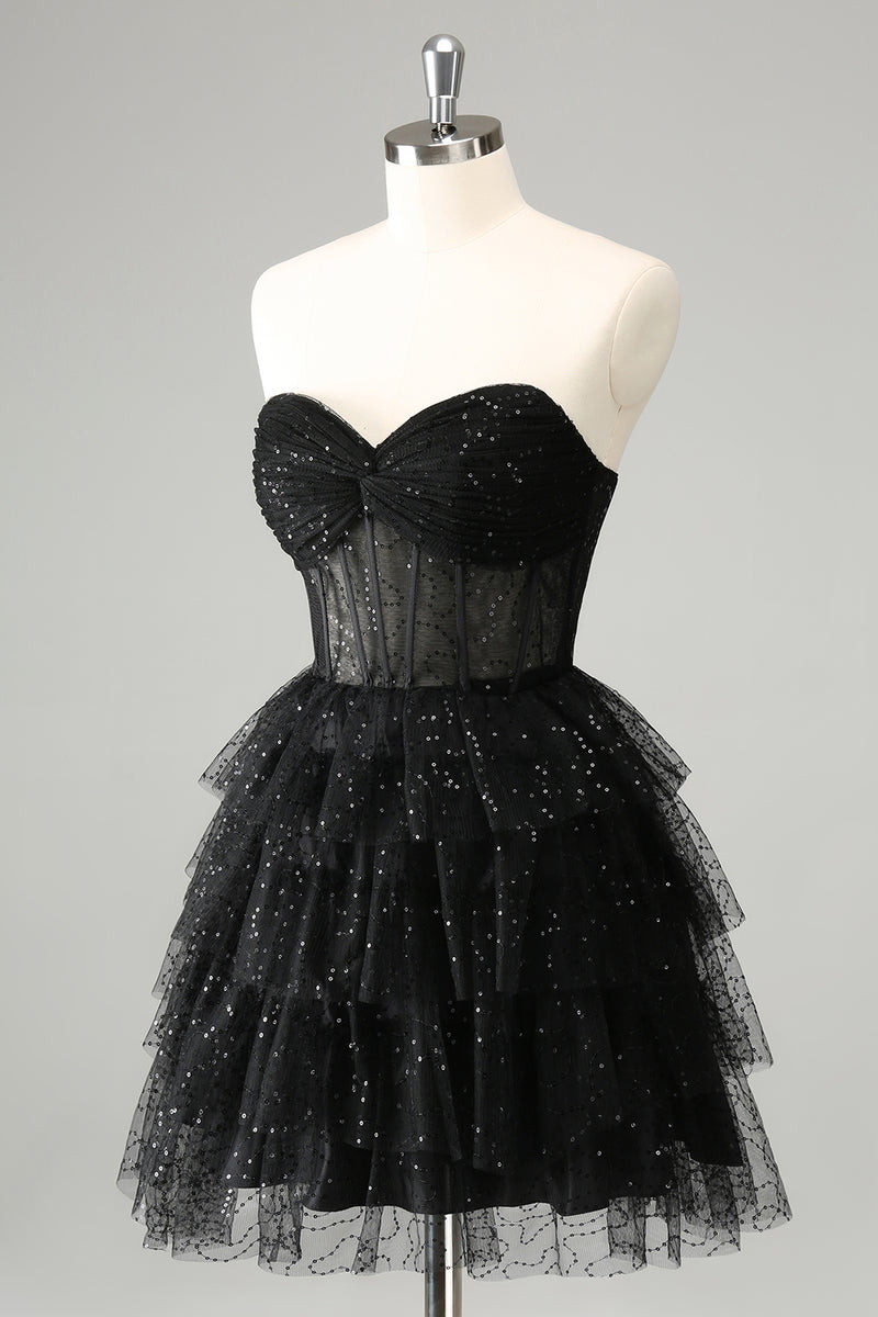 Load image into Gallery viewer, Sparkly A Line Black Sweetheart Tiered Corset Cute Graduation Dress