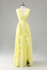 Load image into Gallery viewer, Lemon Yellow A Line Cut Out Lace Up Back Long Bridesmaid Dress with Ruffles