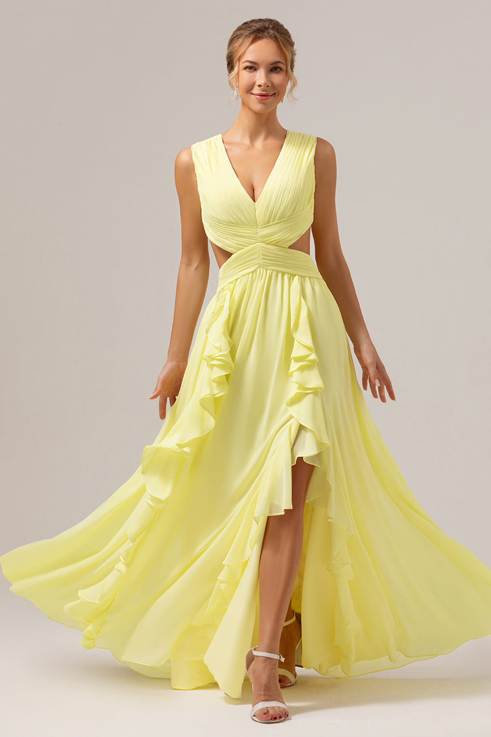 Zapaka Women Lemon Yellow Bridesmaid Dress with Ruffles A Line Cut Out Lace Up Back Long Wedding Guest Dress ZAPAKA UK Zapaka Women Lemon Yellow Bridesmaid Dress with Ruffles A Line Cut Out Lace Up Back Long Wedding Guest Dress ZAPAKA UK