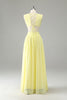 Load image into Gallery viewer, Lemon Yellow A Line Cut Out Lace Up Back Long Bridesmaid Dress with Ruffles