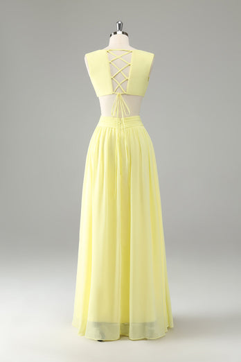 Lemon Yellow A Line Cut Out Lace Up Back Long Bridesmaid Dress with Ruffles