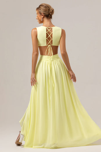 Lemon Yellow A Line Cut Out Lace Up Back Long Bridesmaid Dress with Ruffles