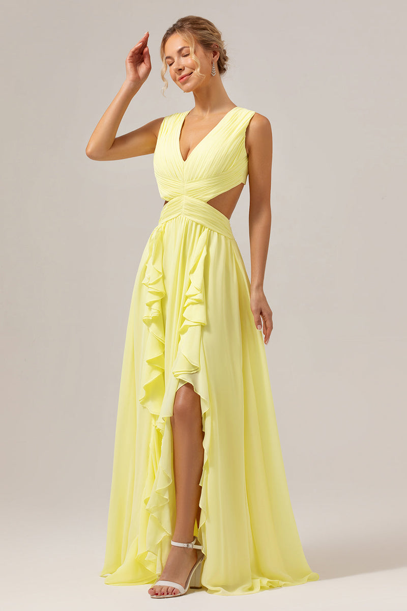 Load image into Gallery viewer, Lemon Yellow A Line Cut Out Lace Up Back Long Bridesmaid Dress with Ruffles