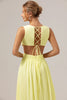 Load image into Gallery viewer, Lemon Yellow A Line Cut Out Lace Up Back Long Bridesmaid Dress with Ruffles