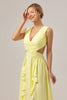 Load image into Gallery viewer, Lemon Yellow A Line Cut Out Lace Up Back Long Bridesmaid Dress with Ruffles