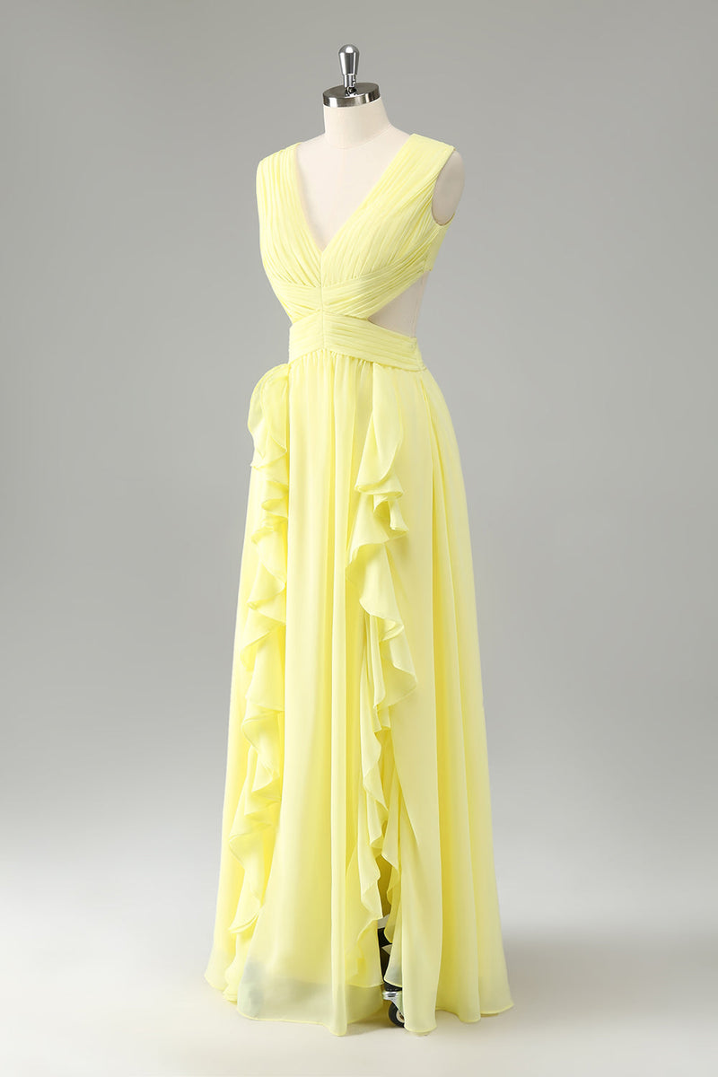 Load image into Gallery viewer, Lemon Yellow A Line Cut Out Long Bridesmaid Dress with Ruffles