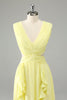 Load image into Gallery viewer, Lemon Yellow A Line Cut Out Long Bridesmaid Dress with Ruffles