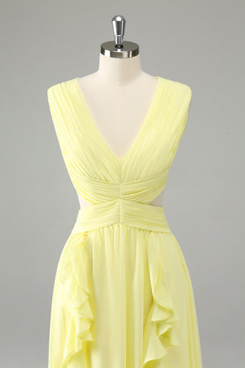 Lemon Yellow A Line Cut Out Long Bridesmaid Dress with Ruffles