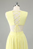 Load image into Gallery viewer, Lemon Yellow A Line Cut Out Long Bridesmaid Dress with Ruffles