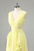 Load image into Gallery viewer, Lemon Yellow A Line Cut Out Long Bridesmaid Dress with Ruffles