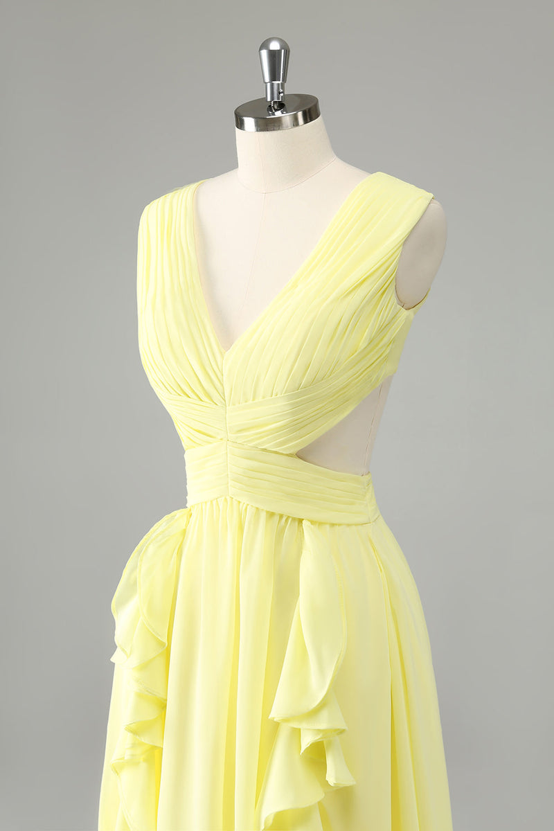 Load image into Gallery viewer, Lemon Yellow A Line Cut Out Long Bridesmaid Dress with Ruffles