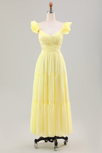 Simple Lemon Yellow A Line Pleated Wedding Party Guest Dress with Ruffles