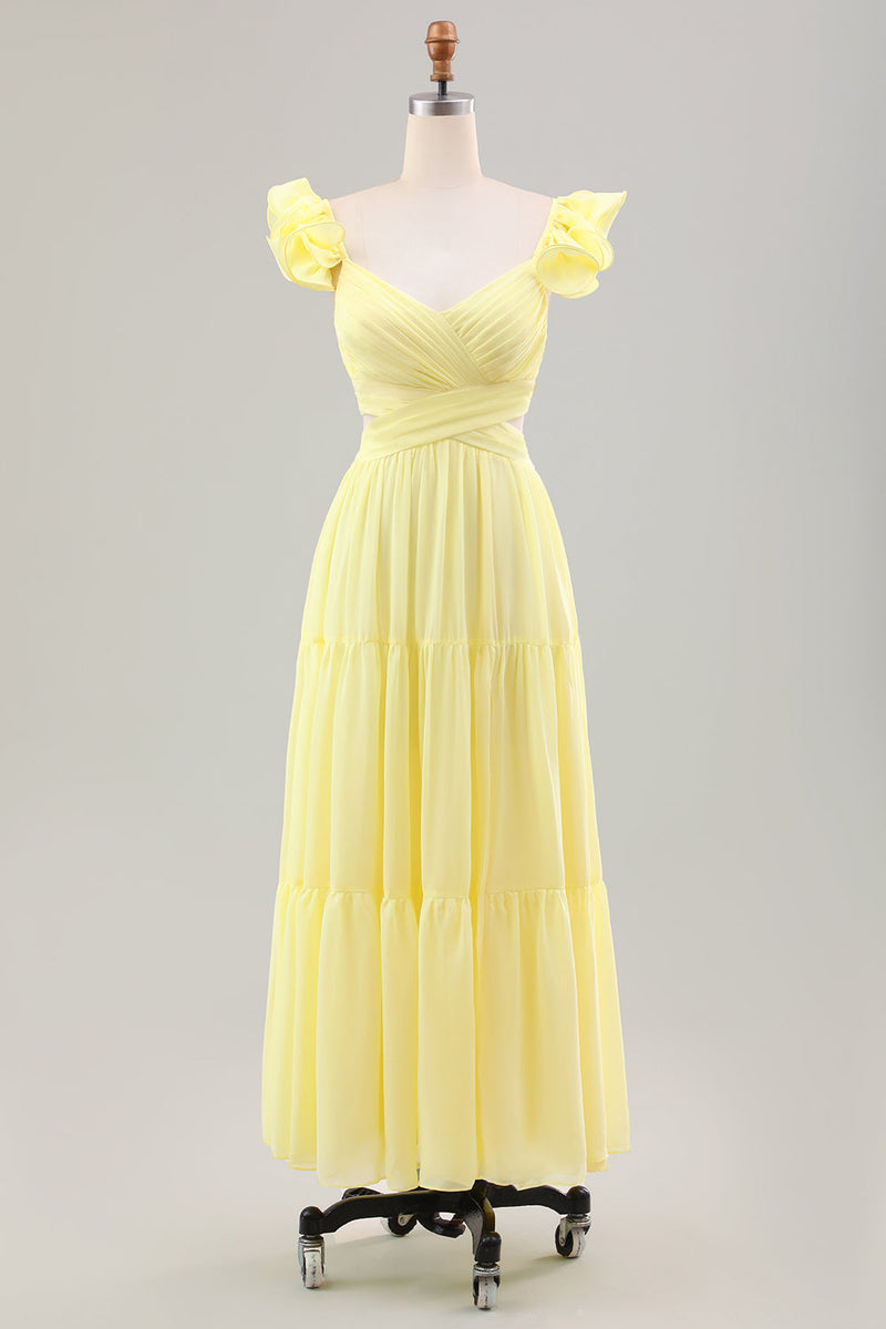 Load image into Gallery viewer, Simple Lemon Yellow A Line Pleated Wedding Party Guest Dress with Ruffles