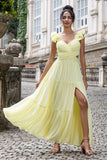 Simple Lemon Yellow A Line Pleated Wedding Party Guest Dress with Ruffles