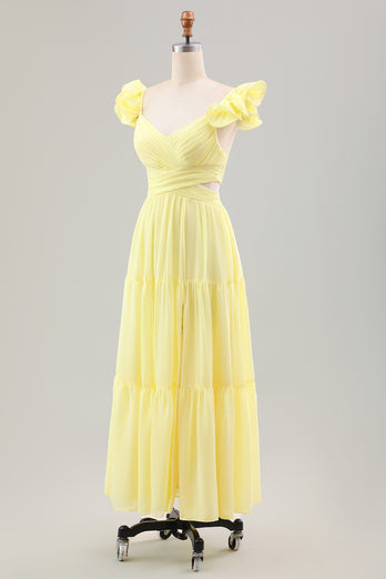 Simple Lemon Yellow A Line Pleated Ruffled Wedding Guest Dress