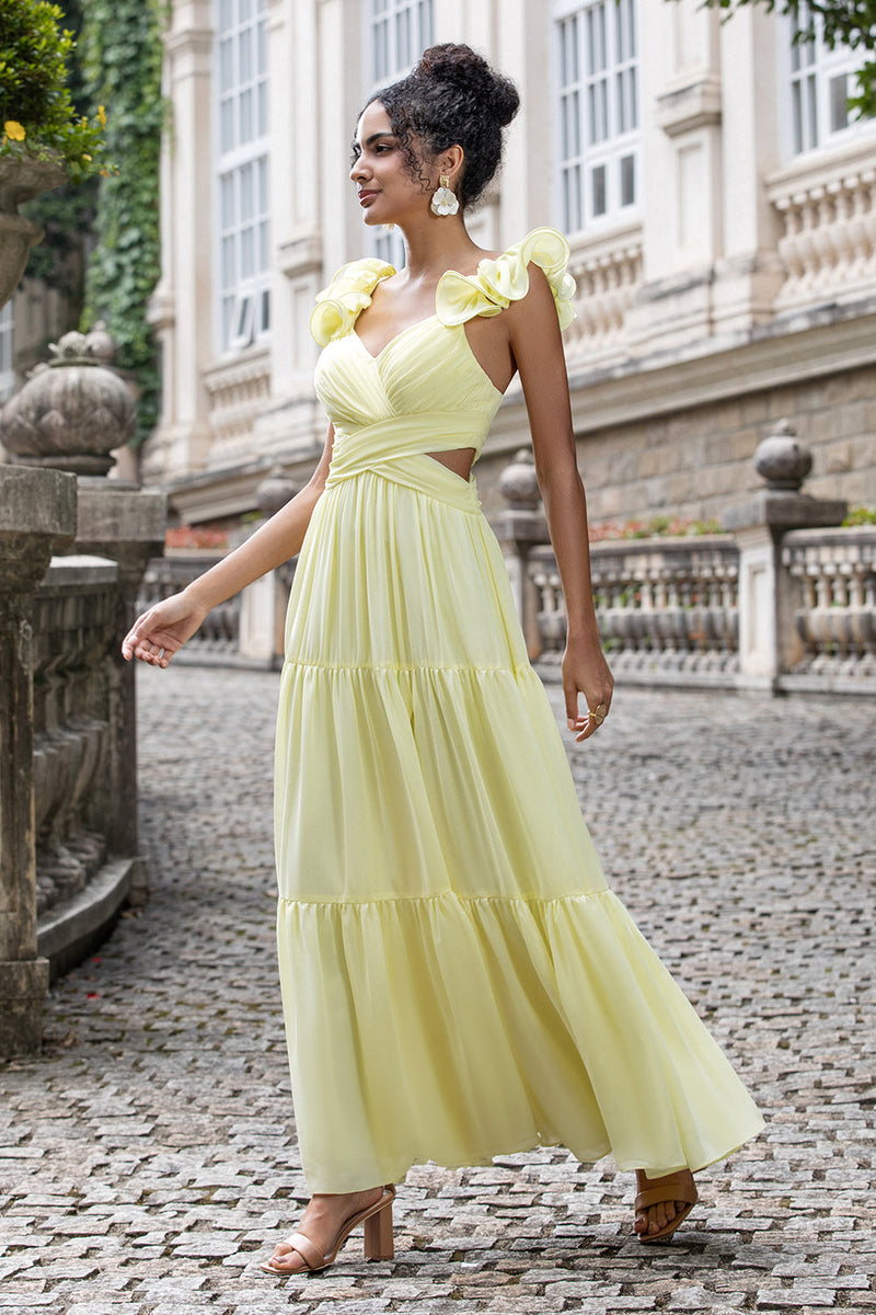 Load image into Gallery viewer, Simple Lemon Yellow A Line Pleated Wedding Party Guest Dress with Ruffles