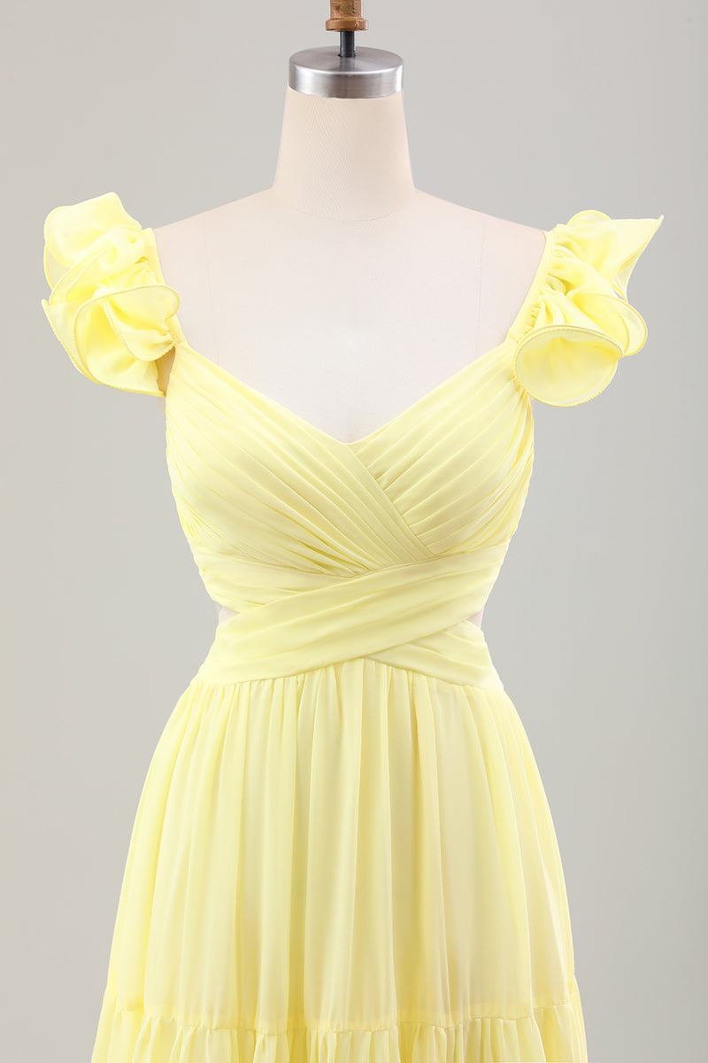 Load image into Gallery viewer, Simple Lemon Yellow A Line Pleated Ruffled Wedding Guest Dress