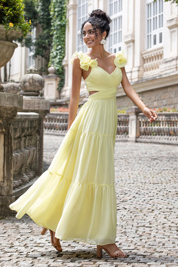 Simple Lemon Yellow A Line Pleated Wedding Party Guest Dress with Ruffles