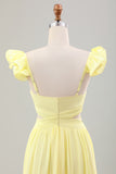 Simple Lemon Yellow A Line Pleated Ruffled Wedding Guest Dress