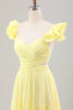 Load image into Gallery viewer, Simple Lemon Yellow A Line Pleated Ruffled Wedding Guest Dress