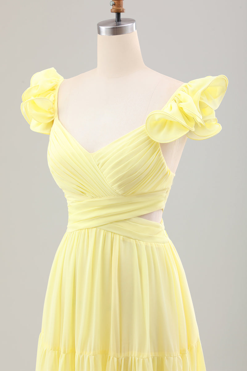 Load image into Gallery viewer, Simple Lemon Yellow A Line Pleated Ruffled Wedding Guest Dress