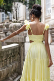 Simple Lemon Yellow A Line Pleated Wedding Party Guest Dress with Ruffles