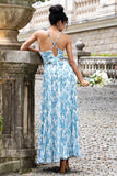 White Blue Flower A Line Spaghetti Straps Maxi Wedding Party Guest Dress