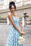 White Blue Flower A Line Spaghetti Straps Maxi Wedding Party Guest Dress