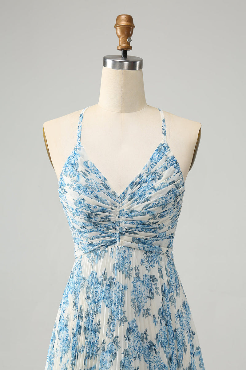 Load image into Gallery viewer, White Blue Flower Spaghetti Straps A Line Wedding Guest Dress